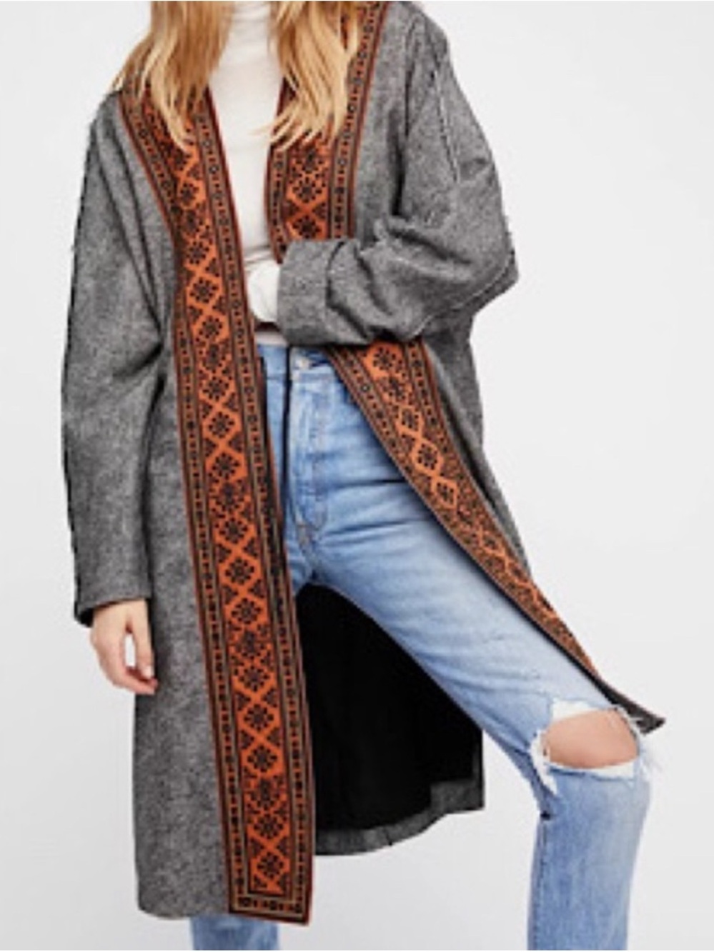 Free People Gray Duster with Rust Embroidered Trim